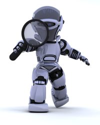 Robot with magnifying glass 3D render of a robot searching with magnifying glass