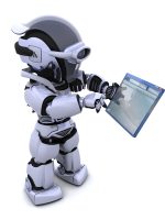 robot navigating through computer window 3D render of robot navigating through computer window